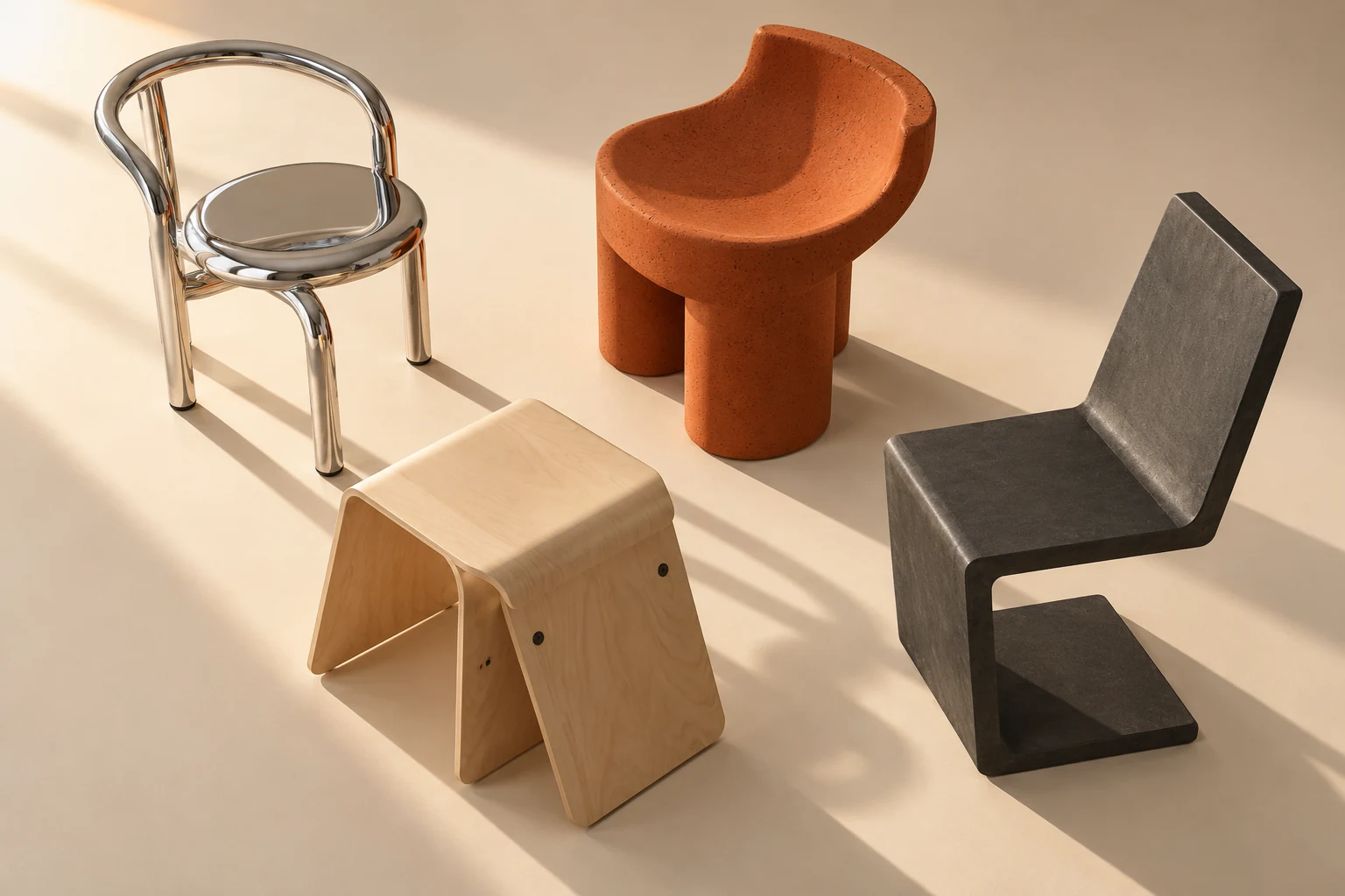 Four different sculptural chairs arranged together